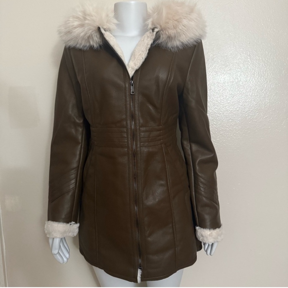 Brown PU leather long jacket cream sherpa lining removable faux fur on hoodie